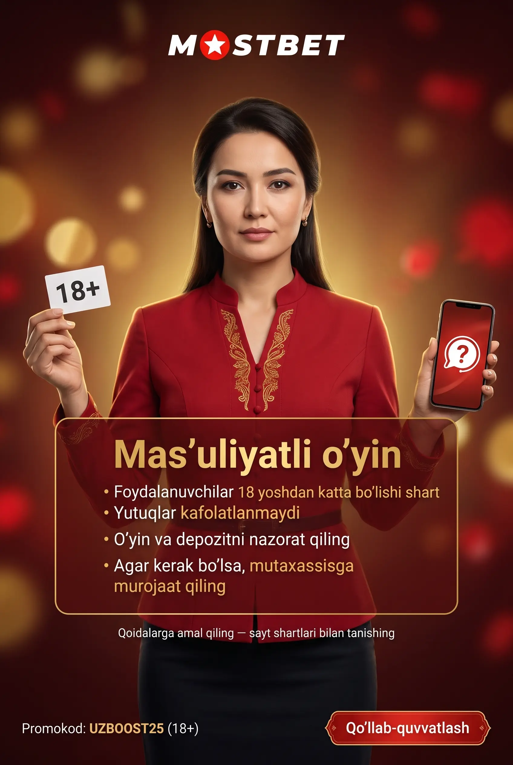 Responsible Gaming bo'yicha 18+ mas'uliyatli o'yin eslatmasi