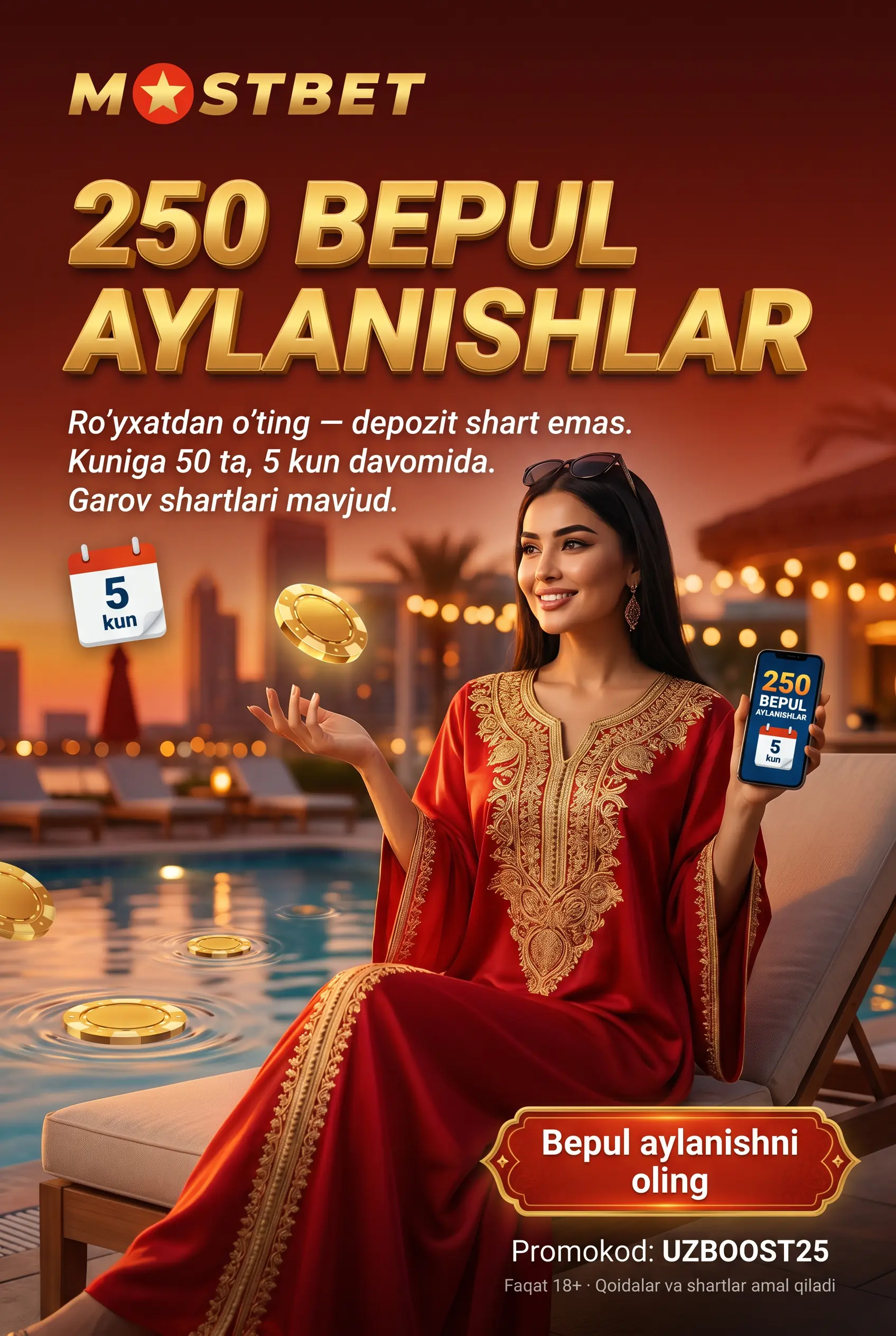250 bepul aylanish va xush kelibsiz taklif